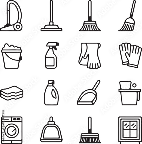 A collection of hand drawn doodle icons representing various cleaning tools and supplies for household chores and professional janitorial services perfect for illustrating hygiene and tidiness