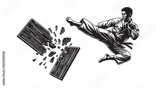 Martial artist in motion Breaking wood in a dynamic karate demonstration of skill and silhouette