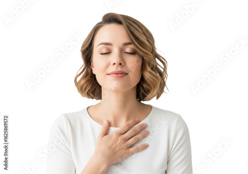 Peaceful beautiful young woman with closed eyes, hand on chest, isolated on a transparent background