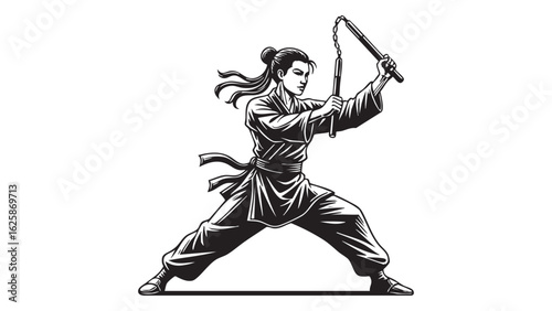 Martial Artist Silhouette Image Woman Warrior Nunchucks Fight Black and White Artwork Vector