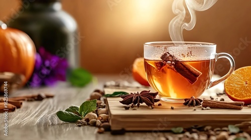 Fototapeta Naklejka Na Ścianę i Meble -  Hot spiced tea with cinnamon and orange for autumn fall banner with copy space