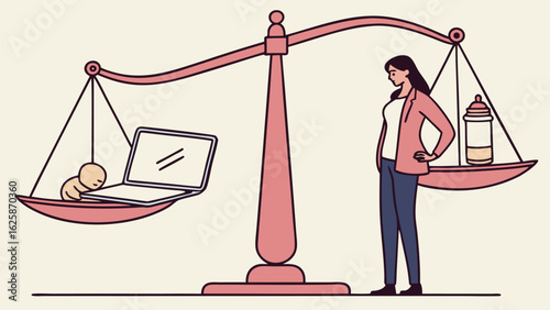 Working Mother Balancing Career and Baby:  Modern Minimalist Line Art Illustration