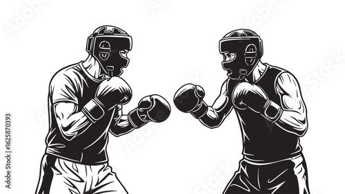 Boxing Match Illustration Two Boxers Ready Facing Off Black and White Drawing Sport silhouette