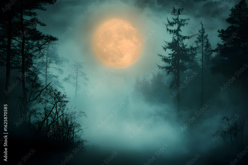 Fototapeta premium Atmospheric Halloween background with moonlight and misty trees.