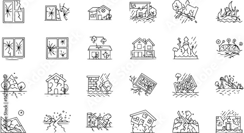 a set of disaster icons, broken windows, damaged houses, earthquake destruction, outline style, vector illustration