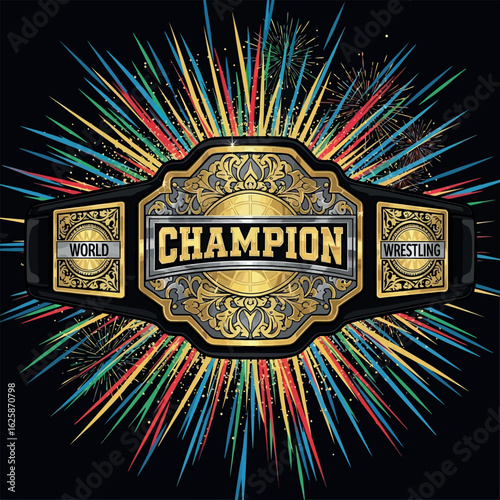 A detailed vector illustration of an ornate gold World Wrestling Champion belt, set against a background of celebratory colorful fireworks.