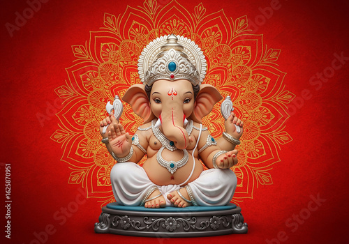 Cute 3D Lord Ganesha idol for Ganesh Chaturthi, seated on a red mandala background for worship and celebration.