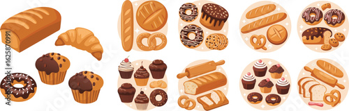 Assorted Bakery Items Illustration Featuring Bread Loaves, Croissants, Donuts, Muffins, Pretzels, and Rolling Pins