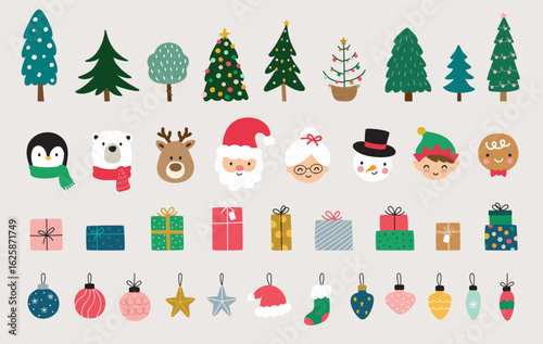 Cute Christmas Santa Claus and holiday items hand-drawn vector illustration set that includes Mrs. Claus, Christmas trees, reindeer, penguin, polar bear, gifts, ornaments, elf, etc.