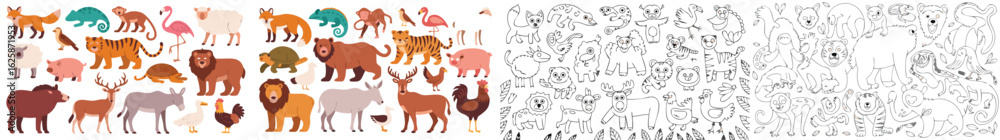 Obraz premium Cartoon Animal Collection Featuring Lion, Tiger, Monkey, Bird, Bear and Sketches for Coloring Book