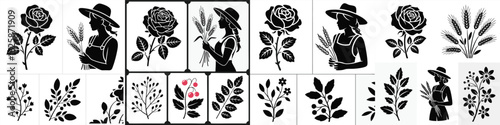 Black Silhouette Featuring Roses, Leaves, Wheat, and a Woman with a Hat