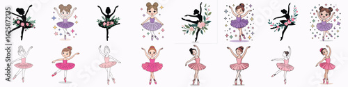 Cartoon Ballerinas in Various Poses and Styles Wearing Pink and Purple Tutus with Floral Accents