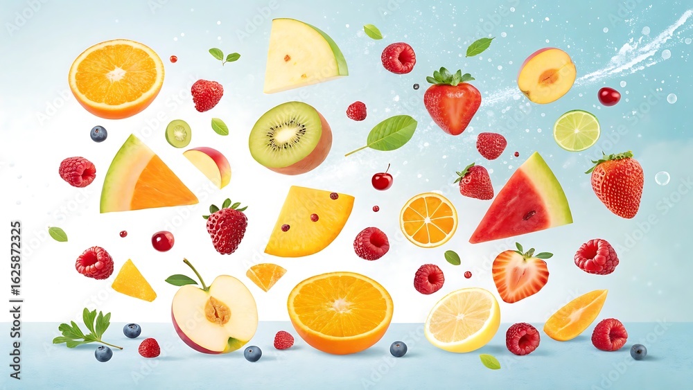 Floating geometric fruit splash composition Floating geometric fruit splash composition