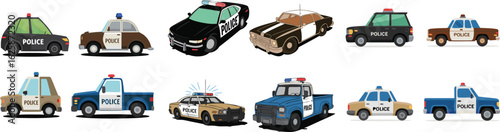 Cartoon Collection of Police Cars Featuring Sedans, Trucks, and Various Color Schemes on a White Background