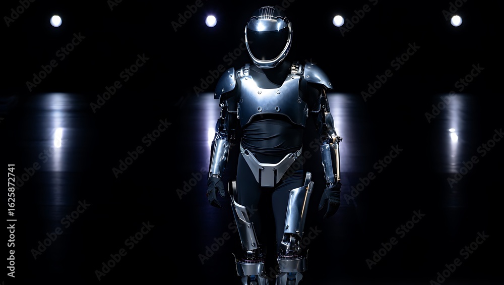 Fototapeta premium Striking full metallic robot suit with a dark visor standing powerfully on a lit runway against a dark background.