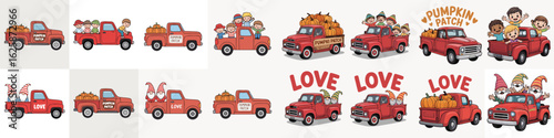 Cartoon Red Trucks with Pumpkins, Children, Gnomes, and Love Designs Illustration