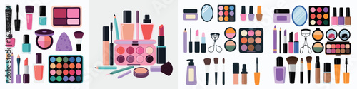 Collection of Colorful Cosmetic Products Palettes, Brushes, Nail Polish, Lipstick, Mascara, and More