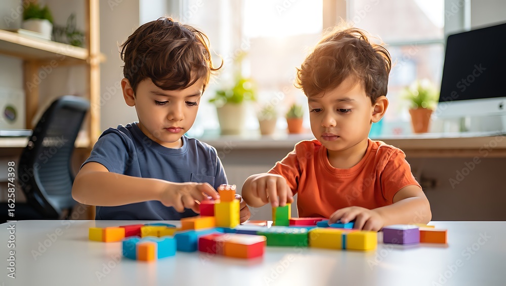 Fototapeta premium Two young boys intently playing and collaborating with colorful building blocks on a white table in bright sunlight.