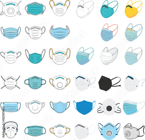Collection of Various Types of Face Masks Surgical, N95, and Cloth Masks Illustration