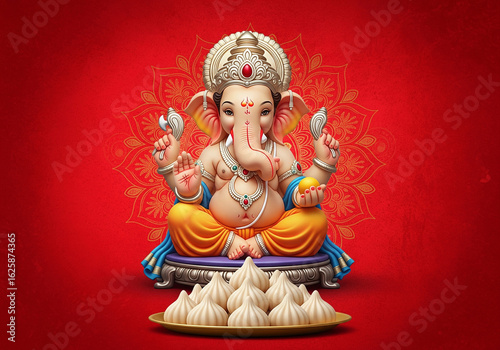 Lord Ganesha illustration for Ganesh Chaturthi festival, with modak sweets on a red mandala background.