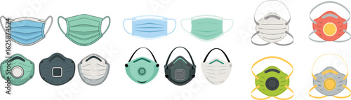 Colorful Cartoon Illustration of Various Surgical and Respirator Face Masks on a White Background