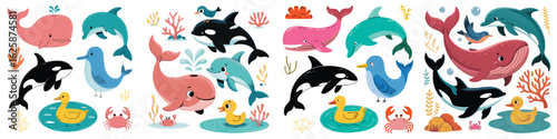 Colorful Cartoon Ocean Animals and Birds Illustration with Whales, Dolphins, Orcas, Ducks, and Crabs