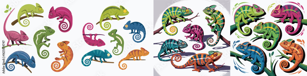 Obraz premium Colorful Chameleon Cartoon Illustration Green, Purple, Blue, and Orange Lizards on Branches With Curly Tails