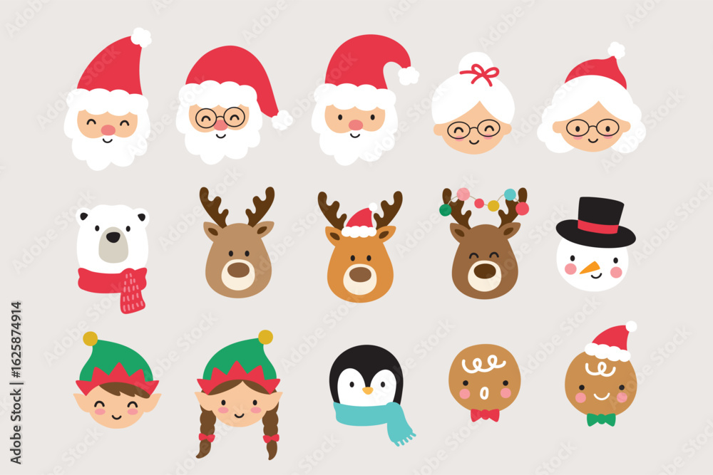 Cute Christmas characters vector illustration featuring Santa Claus, Mrs. Claus, reindeer, snowmen, elves, penguins, polar bears, and gingerbread men. Cute Christmas characters vector illustration featuring Santa Claus, Mrs. Claus, reindeer, snowmen, elves, penguins, polar bears, and gingerbread men.