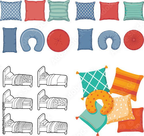 Colorful Decorative Pillows and Bedding Designs Square, Round, UShaped Cushions and Bed Illustrations