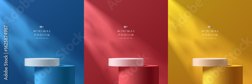 Set of 3D white round podium on red, blue and yellow pedestal background. Abstract composition in minimalist design. 3D studio display showroom product pedestal, Fashion stage showcase mockup scene.