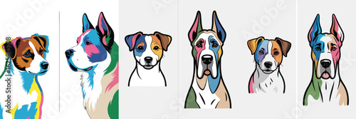 Colorful Illustrated Dog Portraits Jack Russell Terrier, Mixed Breed, Great Dane, Various Vivid Colors