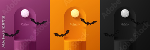 Set of 3D orange, purple, black podium background in Halloween concept with moon, flying bat. Abstract minimalist design. Studio display showroom stands product pedestal, Stage showcase mockup scene