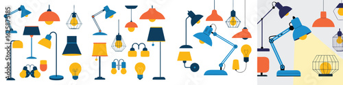 Colorful Lamp Collection Illustration Featuring Desk Lamps, Floor Lamps, and Pendant Lights on White Background