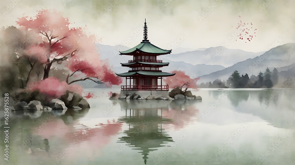 Obraz premium Serene Japanese pagoda by tranquil water with cherry blossom trees