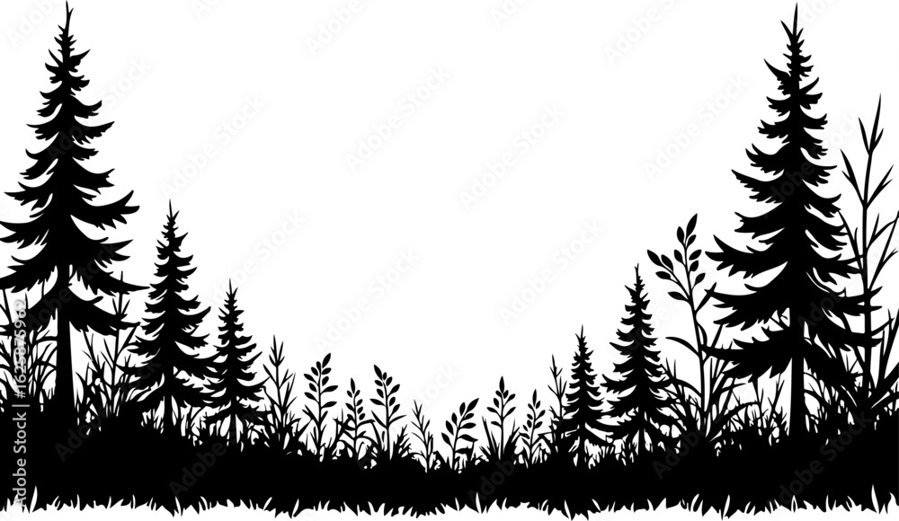 Obraz premium Tree Silhouettes, Forest Shapes, Pine Trees, Oak