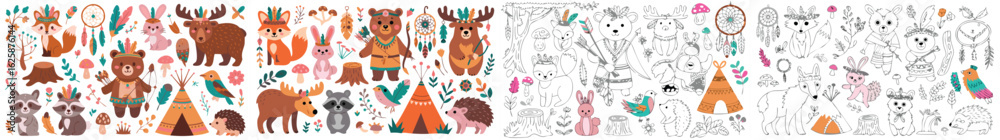 Naklejka premium Forest Animals Woodland Clipart Native American Style Illustration and Line Art Coloring Page Set