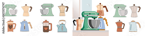Illustration Stand Mixers, Coffee Makers, French Presses, and Electric Kettles in Pastel Colors