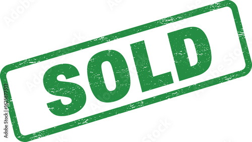 Green distressed rubber stamp with the word sold in bold uppercase letters isolated on transparent background