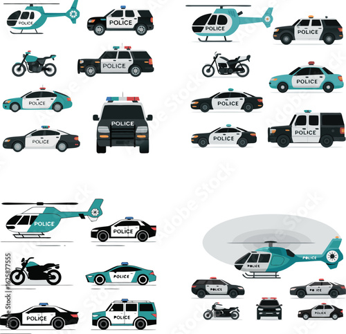 Variety of Cartoon Police Vehicles Car, Motorcycle, SUV, and Helicopter Illustrations on White Background