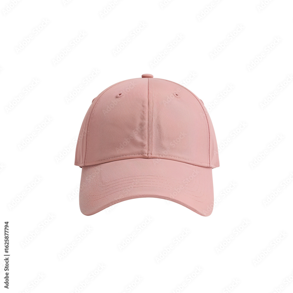 Soft pink baseball cap floats on a transparent expanse for fashion forward design