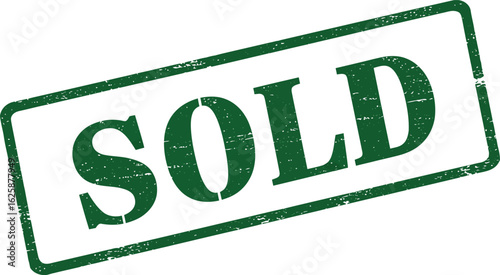 Green rubber stamp impression of the word sold indicating a transaction or sale completed isolated on transparent background