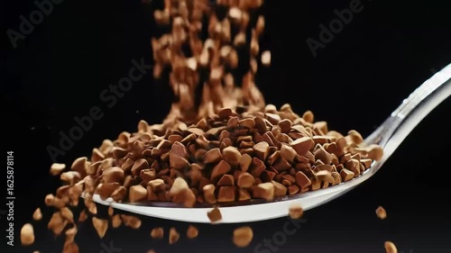 Instant Coffee Granules Pouring onto Spoon - Macro Shot