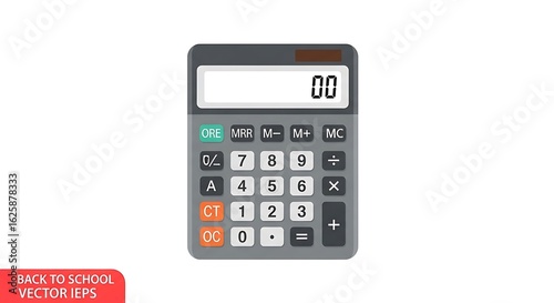 A gray calculator with a white screen displaying zero zero on a white background vector illustration