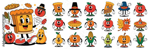 Whimsical Thanksgiving Cartoon Characters Retro Fall Harvest Fruits, Vegetables, and Pies with Faces and Limbs