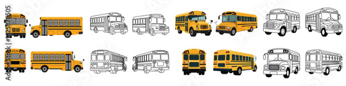 Yellow School Bus Clip Art Color and Black White, Various Angles and Perspectives Depicted