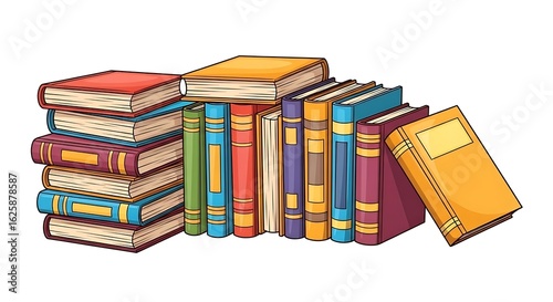 A cartoon illustration of a stack of books and a row of books of various colors and sizes