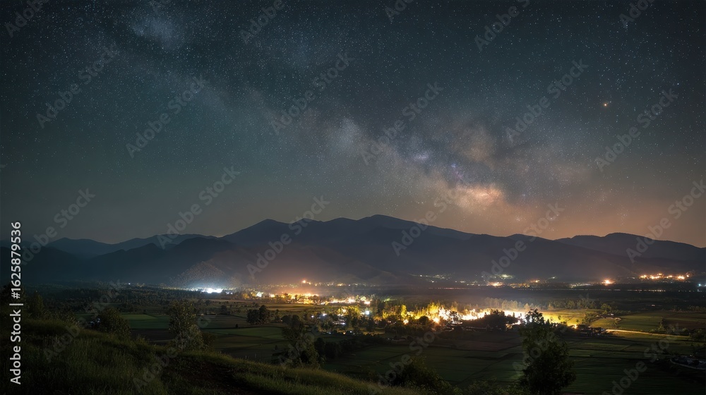Obraz premium Milky way over illuminated valley