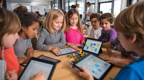 Diverse Students Engaging in Coding Activities at Elementary School