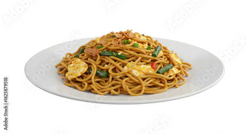 Delicious mie goreng noodles plate with egg and fresh green vegetables