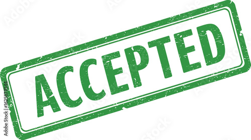Green distressed rectangular stamp with the word accepted in bold white letters and a white border isolated on transparent background